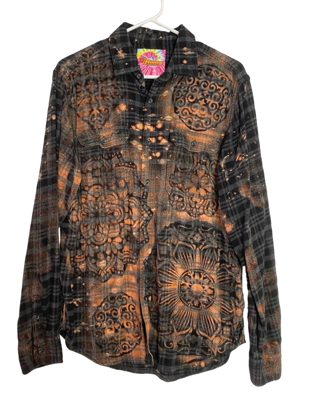 Custom Floral Flannel Bleached Shirt Mens Size Medium Unisex OOAK Upcycled Black